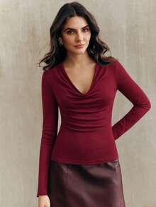 Anewsta Kaos Lengan Panjang Wanita Warna Polos Kasual Serbaguna untuk Sehari-hari - Burgundy - View 4