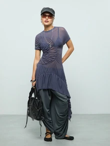 COUREZ Ruched Mesh Midi Dress / Y2K Dresses For Women Going Out Tops Fall Clothes Going Out Outfits - Dark Grey - View 2