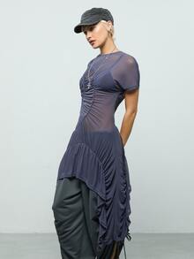 COUREZ Ruched Mesh Midi Dress / Y2K Dresses For Women Going Out Tops Fall Clothes Going Out Outfits - Dark Grey - View 4