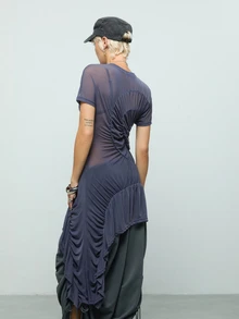 COUREZ Ruched Mesh Midi Dress / Y2K Dresses For Women Going Out Tops Fall Clothes Going Out Outfits - Dark Grey - View 3