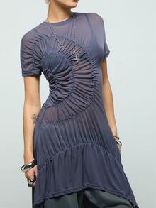 COUREZ Ruched Mesh Midi Dress / Y2K Dresses For Women Going Out Tops Fall Clothes Going Out Outfits - Dark Grey - View 7
