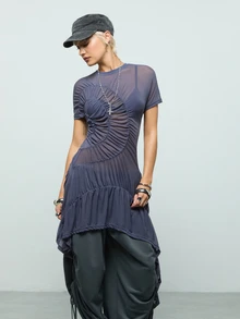 COUREZ Ruched Mesh Midi Dress / Y2K Dresses For Women Going Out Tops Fall Clothes Going Out Outfits - Dark Grey - View 1