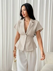 SHEIN PETITE سترة أنيقة وبسيطة وخفيفة الوزن بلون المشمش للنساء الصغيرات - مثالية لملابس العمل. - لون مشمشي - مشاهدة 3
