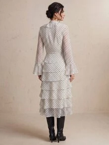 CielaLinda Gaun Midi Bertingkat Ruffle Motif Polkadot Wanita, Gaun Lengan Panjang yang Mengalir, Gaun Ruffle Model Kue - Hitam dan Putih - View 6
