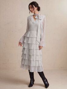 CielaLinda Gaun Midi Bertingkat Ruffle Motif Polkadot Wanita, Gaun Lengan Panjang yang Mengalir, Gaun Ruffle Model Kue - Hitam dan Putih - View 4