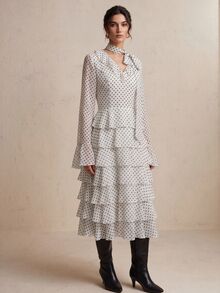 CielaLinda Gaun Midi Bertingkat Ruffle Motif Polkadot Wanita, Gaun Lengan Panjang yang Mengalir, Gaun Ruffle Model Kue - Hitam dan Putih - View 1