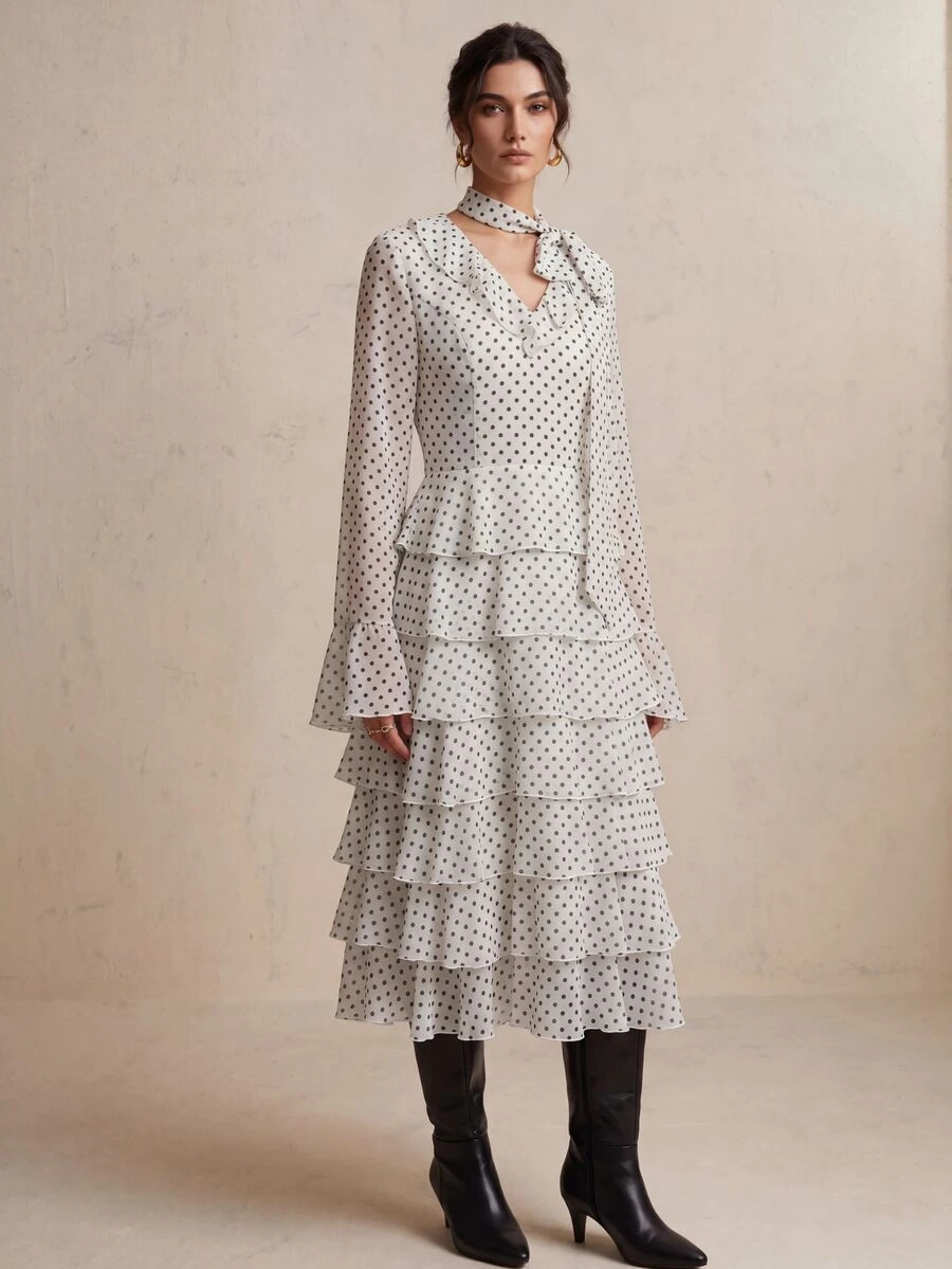 CielaLinda Gaun Midi Bertingkat Ruffle Motif Polkadot Wanita, Gaun Lengan Panjang yang Mengalir, Gaun Ruffle Model Kue - Hitam dan Putih - View 1