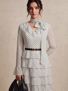 CielaLinda Gaun Midi Bertingkat Ruffle Motif Polkadot Wanita, Gaun Lengan Panjang yang Mengalir, Gaun Ruffle Model Kue - Hitam dan Putih - View 3