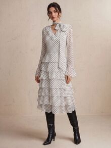 CielaLinda Gaun Midi Bertingkat Ruffle Motif Polkadot Wanita, Gaun Lengan Panjang yang Mengalir, Gaun Ruffle Model Kue - Hitam dan Putih - View 2