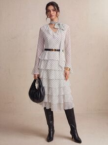 CielaLinda Gaun Midi Bertingkat Ruffle Motif Polkadot Wanita, Gaun Lengan Panjang yang Mengalir, Gaun Ruffle Model Kue - Hitam dan Putih - View 5