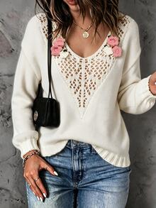 Zayélia Women's 3D Floral Decor Hollow Design Drop Shoulder Long Sleeve Sweater - Beige - View 3