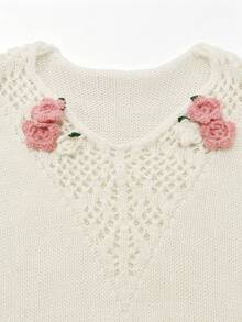 Zayélia Women's 3D Floral Decor Hollow Design Drop Shoulder Long Sleeve Sweater - Beige - View 4