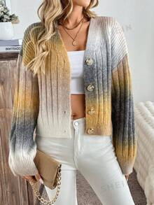SHEIN LUNE كارديجان نسائي أصفر بأزرار وأكمام طويلة مطبوع بتصميم بسيط وعصري بلمسة كاجوال من مزيج الموهير، كنزة صوفية علوية للخريف والشتاء - أصفر - مشاهدة 5