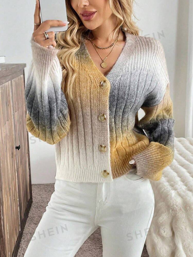 SHEIN LUNE Women's Yellow Button Long Sleeve Printed Simple Fashionable Leisure Feeling Mohair Blend Cardigan Sweater Fall Winter Outerwear Top - Yellow - View 6