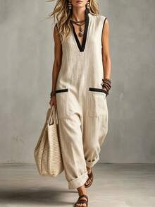 SHEIN Summer All-In-One Pants, Casual All-In-One, Commuting Clothing, Vacation Clothing, Outdoor Clothing, Country Style, Apricot All-In-One - Apricot - View 2