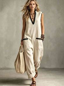 SHEIN Summer All-In-One Pants, Casual All-In-One, Commuting Clothing, Vacation Clothing, Outdoor Clothing, Country Style, Apricot All-In-One - Apricot - View 4