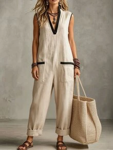 SHEIN Summer All-In-One Pants, Casual All-In-One, Commuting Clothing, Vacation Clothing, Outdoor Clothing, Country Style, Apricot All-In-One - Apricot - View 6