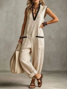 SHEIN Summer All-In-One Pants, Casual All-In-One, Commuting Clothing, Vacation Clothing, Outdoor Clothing, Country Style, Apricot All-In-One - Apricot - View 8
