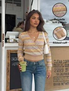 Serisse Kaos Lengan Panjang Kasual Wanita Bergaris Leher V untuk Sehari-hari - MultiWarna - View 5