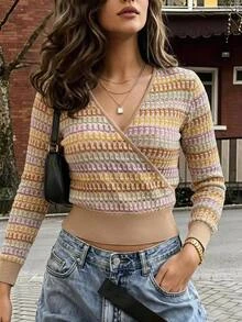 Serisse Kaos Lengan Panjang Kasual Wanita Bergaris Leher V untuk Sehari-hari - MultiWarna - View 1