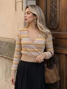 Serisse Kaos Lengan Panjang Kasual Wanita Bergaris Leher V untuk Sehari-hari - MultiWarna - View 6