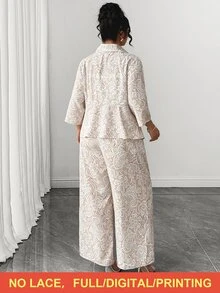 Elenzga Plus Size Women's New Elegant Commute Apricot Faux Lace Print V-Neck Mid-Sleeve Blouse And Long Pants Set, Suitable For Daily Wear Fall - Apricot - View 2