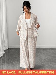 Elenzga Plus Size Women's New Elegant Commute Apricot Faux Lace Print V-Neck Mid-Sleeve Blouse And Long Pants Set, Suitable For Daily Wear Fall - Apricot - View 3