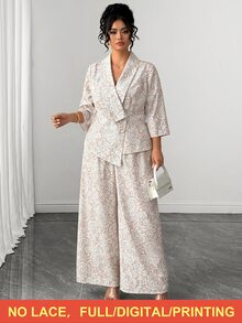 Elenzga Plus Size Women's New Elegant Commute Apricot Faux Lace Print V-Neck Mid-Sleeve Blouse And Long Pants Set, Suitable For Daily Wear Fall - Apricot - View 8