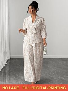 Elenzga Plus Size Women's New Elegant Commute Apricot Faux Lace Print V-Neck Mid-Sleeve Blouse And Long Pants Set, Suitable For Daily Wear Fall - Apricot - View 5