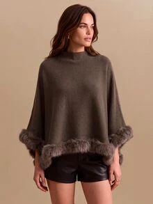 CielaLinda Sweater Rajut Jubah Patchwork Elegan Musim Gugur/Dingin - Coklat - View 3