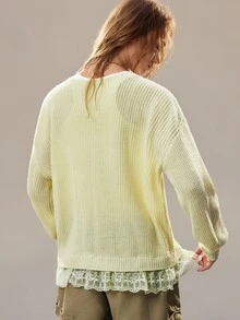 SoleilVie Women's Autumn/Winter Loose V-Neck Casual Button-Front Cardigan With Lace Patchwork Elegant Vintage Sweater - Olive Green - View 2