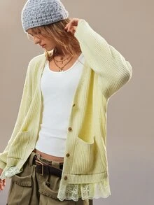 SoleilVie Women's Autumn/Winter Loose V-Neck Casual Button-Front Cardigan With Lace Patchwork Elegant Vintage Sweater - Olive Green - View 4