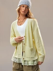 SoleilVie Women's Autumn/Winter Loose V-Neck Casual Button-Front Cardigan With Lace Patchwork Elegant Vintage Sweater - Olive Green - View 1