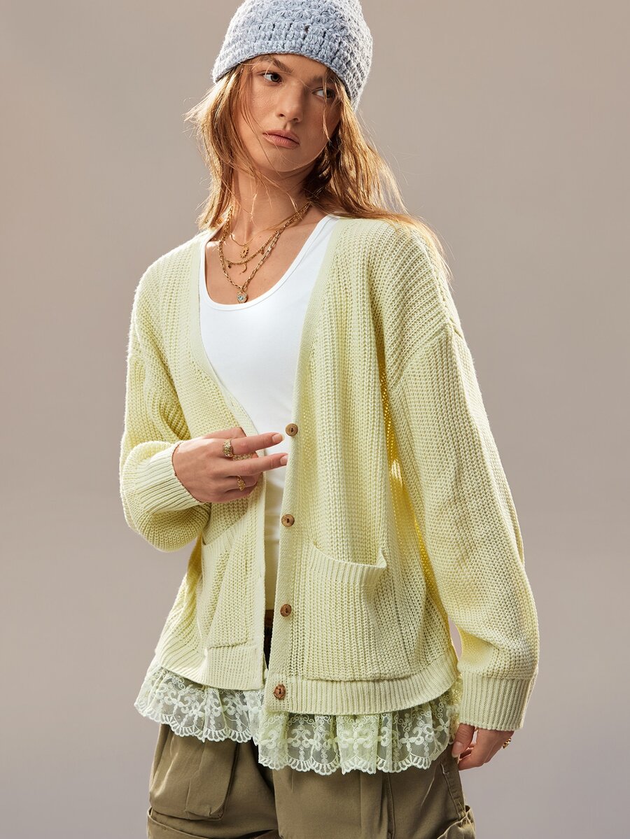 SoleilVie Women's Autumn/Winter Loose V-Neck Casual Button-Front Cardigan With Lace Patchwork Elegant Vintage Sweater - Olive Green - View 1