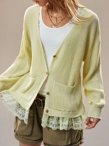 SoleilVie Women's Autumn/Winter Loose V-Neck Casual Button-Front Cardigan With Lace Patchwork Elegant Vintage Sweater - Olive Green - View 6