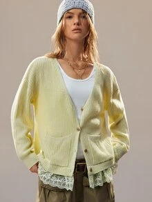 SoleilVie Women's Autumn/Winter Loose V-Neck Casual Button-Front Cardigan With Lace Patchwork Elegant Vintage Sweater - Olive Green - View 3