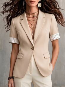 SHEIN Holidaya Women's Patchwork Striped Lapel NeckShort Sleeve Single Button Casual Jacket - Apricot - View 1