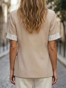 SHEIN Holidaya Women's Patchwork Striped Lapel NeckShort Sleeve Single Button Casual Jacket - Apricot - View 2