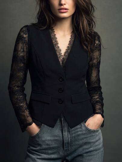 SHEIN Blazer ligero negro de corte slim para mujer, diseño elegante francés de otoño para uso diario y oficina, con cuello en V, manga larga, patchwork de encaje y decoración de bolsillos falsos