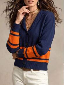 SHEIN Textured Personalized Contrast Color Cardigan Casual Preppy Boho Knit Sweater Jacket Halloween Travel Navy Blue Fall Everyday School - Royal Blue - View 4