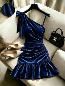 SHEIN Franclia Women's Elegant Casual Sexy Navy Blue Velvet One Shoulder Dress Tie Detail Ruched Waist Ruffle Hem Bodycon Mini Fall Party Cocktail Night - Blue - View 5