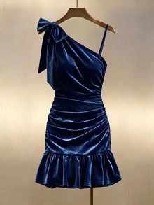 SHEIN Franclia Women's Elegant Casual Sexy Navy Blue Velvet One Shoulder Dress Tie Detail Ruched Waist Ruffle Hem Bodycon Mini Fall Party Cocktail Night - Blue - View 2