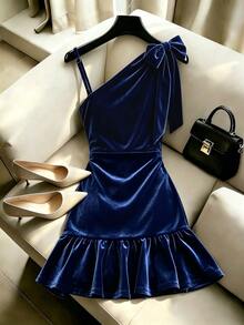 SHEIN Franclia Women's Elegant Casual Sexy Navy Blue Velvet One Shoulder Dress Tie Detail Ruched Waist Ruffle Hem Bodycon Mini Fall Party Cocktail Night - Blue - View 3