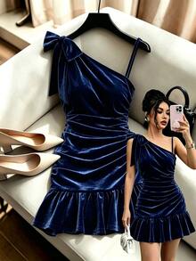 SHEIN Franclia Women's Elegant Casual Sexy Navy Blue Velvet One Shoulder Dress Tie Detail Ruched Waist Ruffle Hem Bodycon Mini Fall Party Cocktail Night - Blue - View 6