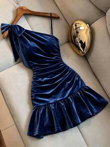 SHEIN Franclia Women's Elegant Casual Sexy Navy Blue Velvet One Shoulder Dress Tie Detail Ruched Waist Ruffle Hem Bodycon Mini Fall Party Cocktail Night - Blue - View 8