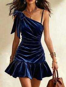 SHEIN Franclia Women's Elegant Casual Sexy Navy Blue Velvet One Shoulder Dress Tie Detail Ruched Waist Ruffle Hem Bodycon Mini Fall Party Cocktail Night - Blue - View 7