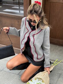 Serisse 女款秋冬長袖單排扣休閒優雅大衣，深色學院風灰色短版紋理辦公外套 - 灰色 - 查看 1