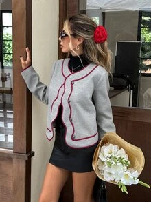 Serisse 女款秋冬長袖單排扣休閒優雅大衣，深色學院風灰色短版紋理辦公外套 - 灰色 - 查看 5