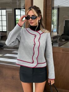 Serisse 女款秋冬長袖單排扣休閒優雅大衣，深色學院風灰色短版紋理辦公外套 - 灰色 - 查看 4