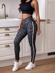 Gameset SHEIN Sport Women's Asymmetric Waist Leopard Print Sports Leggings - Black - View 1